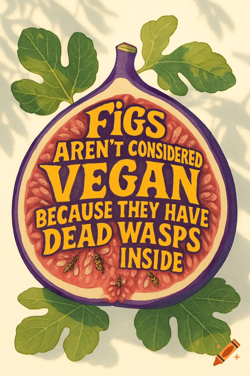 An illustration of a purple fig cut in half, revealing its red pulp and seeds, with the text 'Figs aren considered vegan because they have dead wasps inside' in yellow.