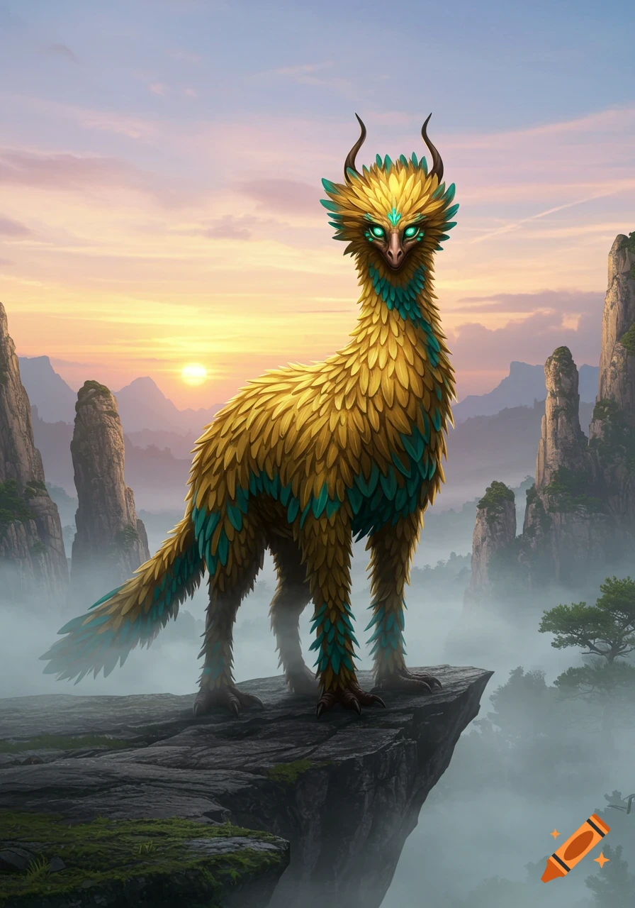 A gold and teal feathered fantasy creature with horns and glowing eyes stands on a cliff overlooking misty mountains at sunset.