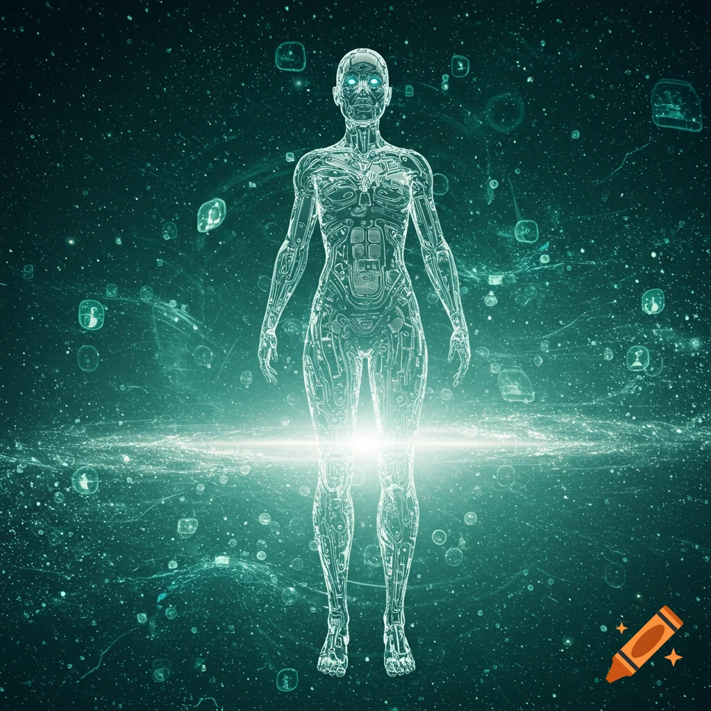 A glowing, futuristic, circuit-like human figure stands centered in a dark, star-filled, digital space with data streams.