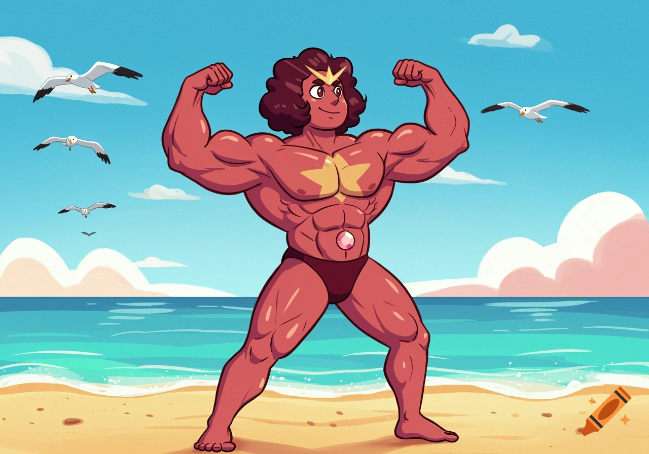 A muscular cartoon character, Stevonnie from Steven Universe, flexes on a sunny beach with seagulls flying in the background.