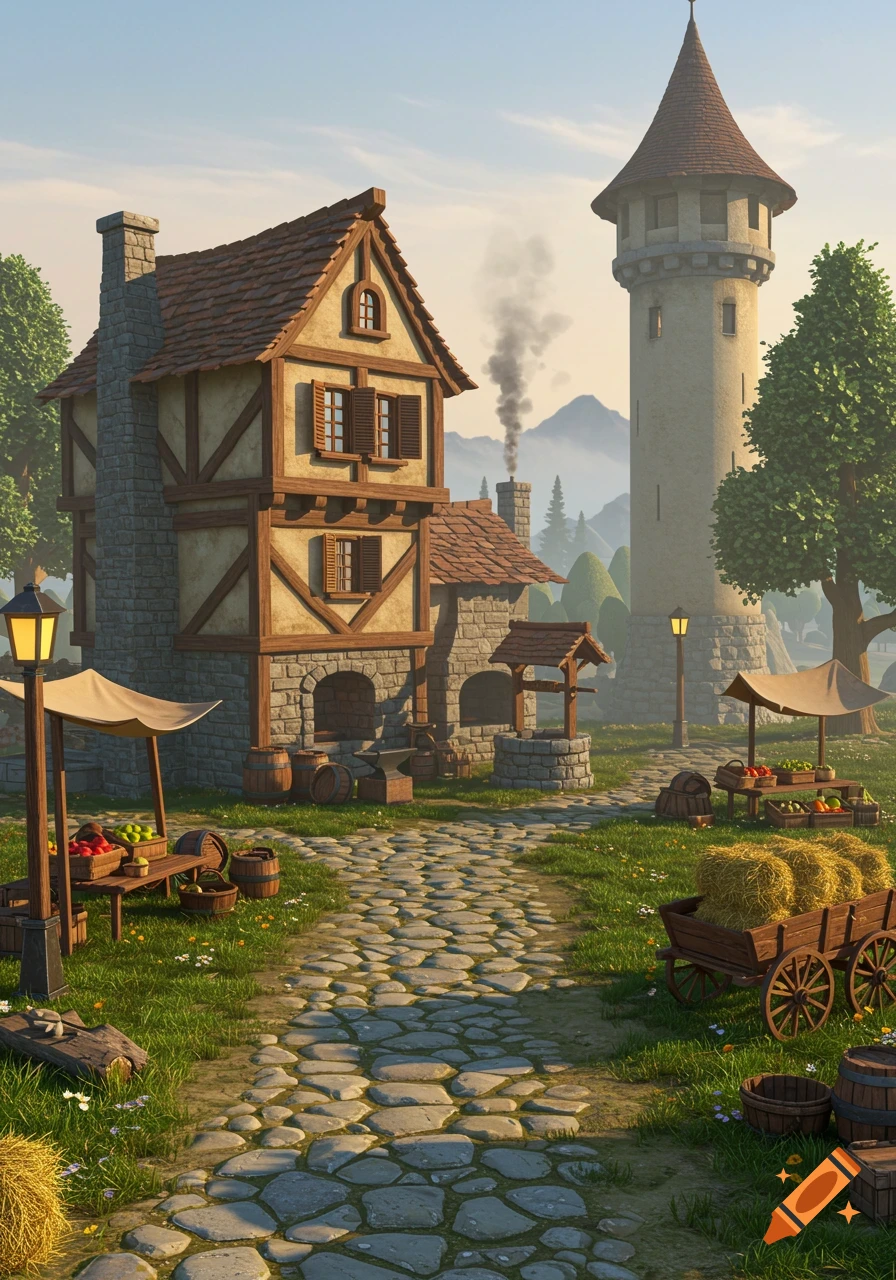 A stylized medieval village scene with a timber-framed house, stone tower, market stalls, and a cobblestone path.