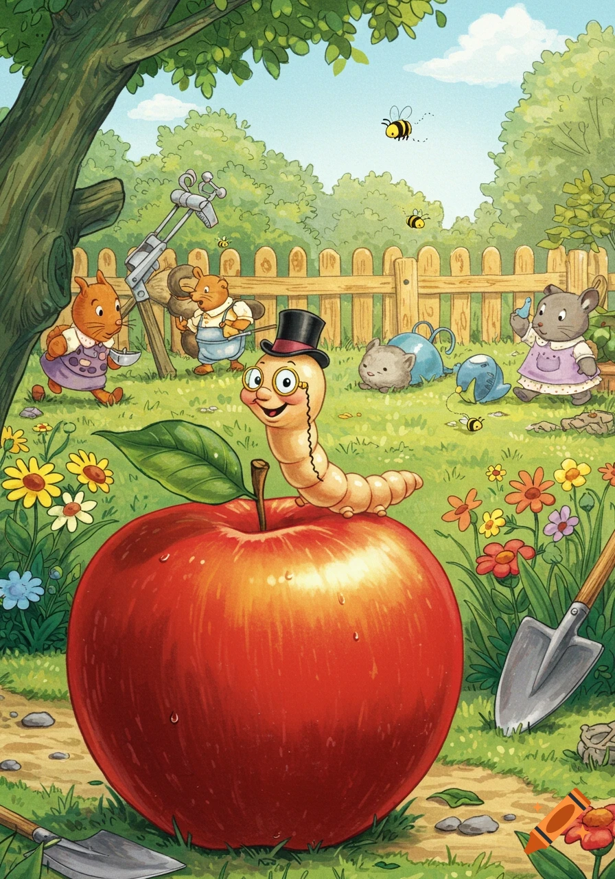 A friendly worm in a top hat and monocle sits on a large red apple in a vibrant cartoon garden with other animals and bees.