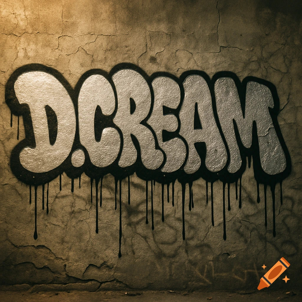 Silver and black bubble letter graffiti tag "D.CREAM" with black drips on a textured, cracked, sepia-toned urban wall.