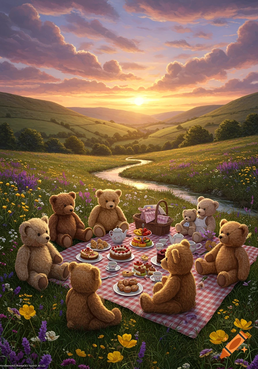 Teddy bears picnic on a red and white checkered blanket in a wildflower-filled valley at sunset, with a winding river and hills.