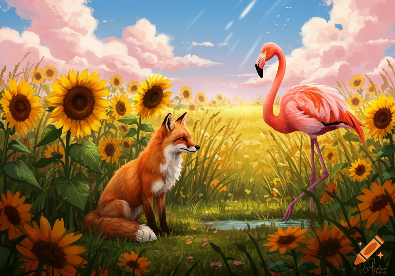 A red fox sits in a field of yellow sunflowers, looking towards a pink flamingo standing in tall grass under a bright sky.