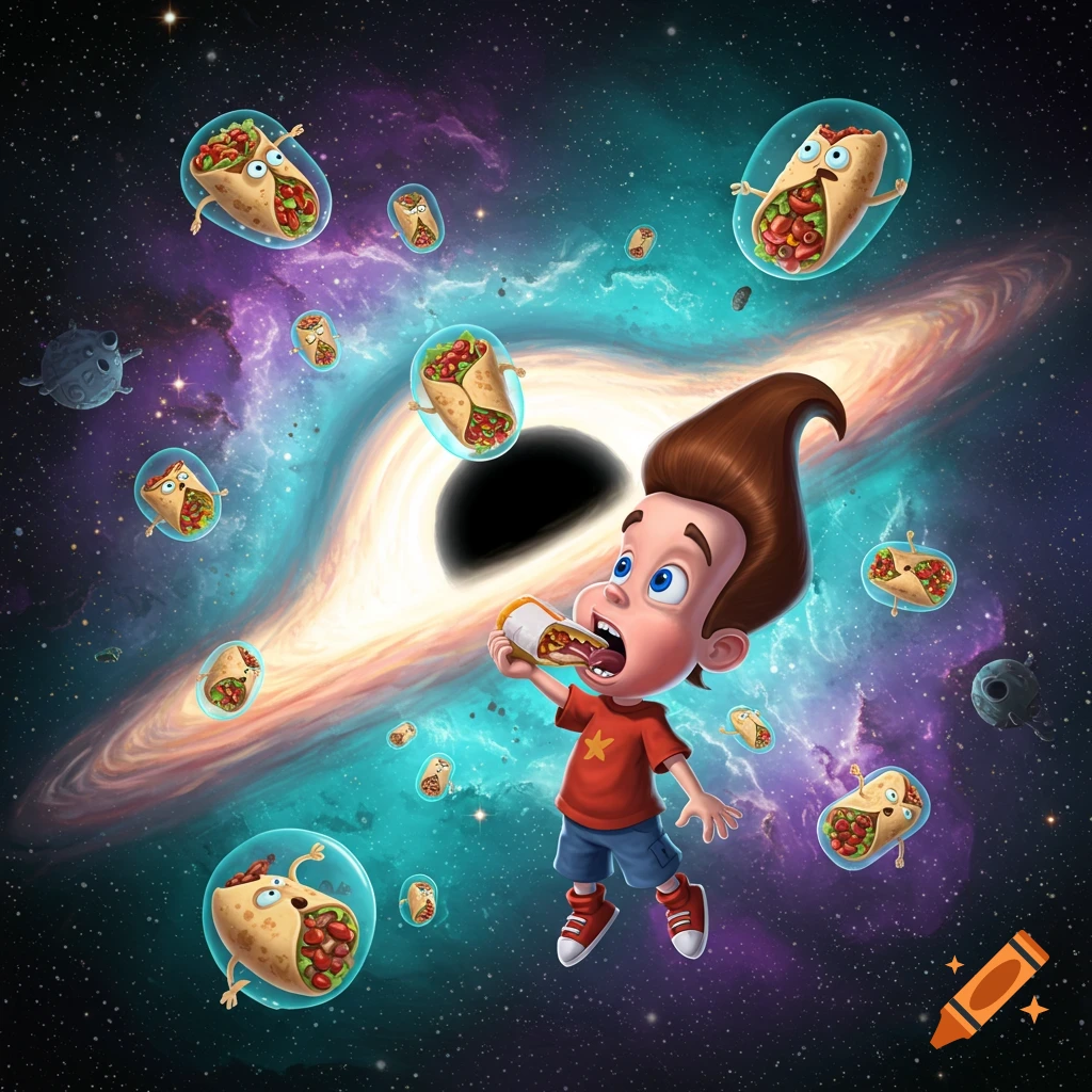 Cartoon boy Jimmy Neutron floats in space, eating a burrito near a black hole as other burritos in bubbles drift around him.