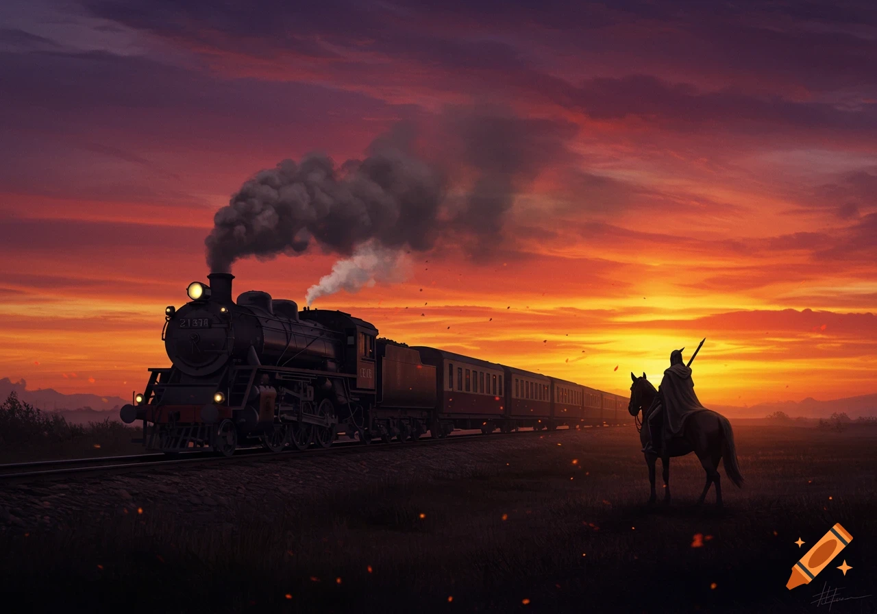 A silhouetted rider on horseback watches a steam engine train pass by against a dramatic, fiery orange and purple sunset.