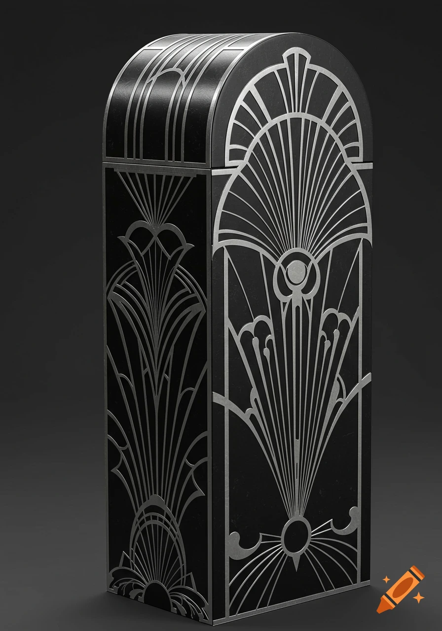 A tall, black and silver Art Deco box with an arched top, featuring intricate geometric and fan-like designs.