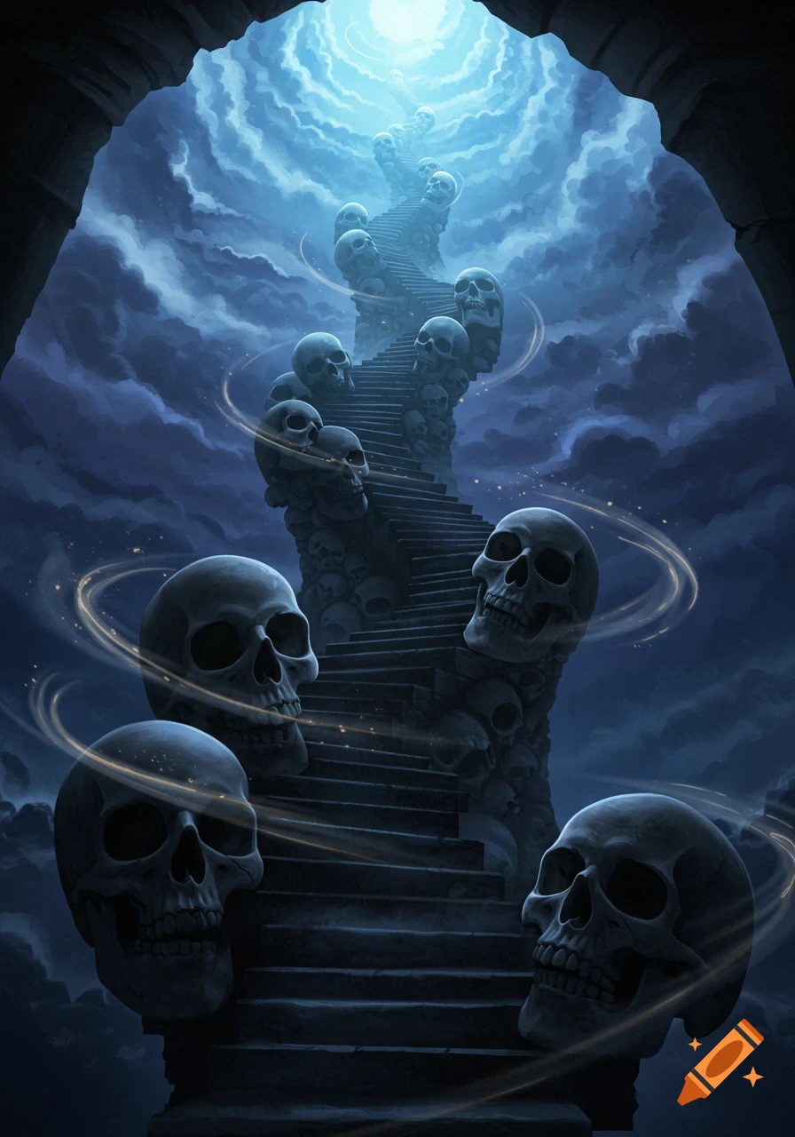 A dark fantasy illustration of a winding stairway made of skulls, ascending towards a bright light through an arched cavern opening.