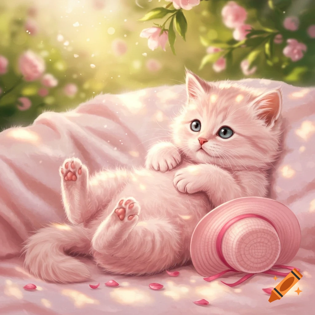 Fluffy light pink kitten with blue eyes lies on its back on a pink blanket, with a pink sun hat and flower petals nearby in a sunny garden.