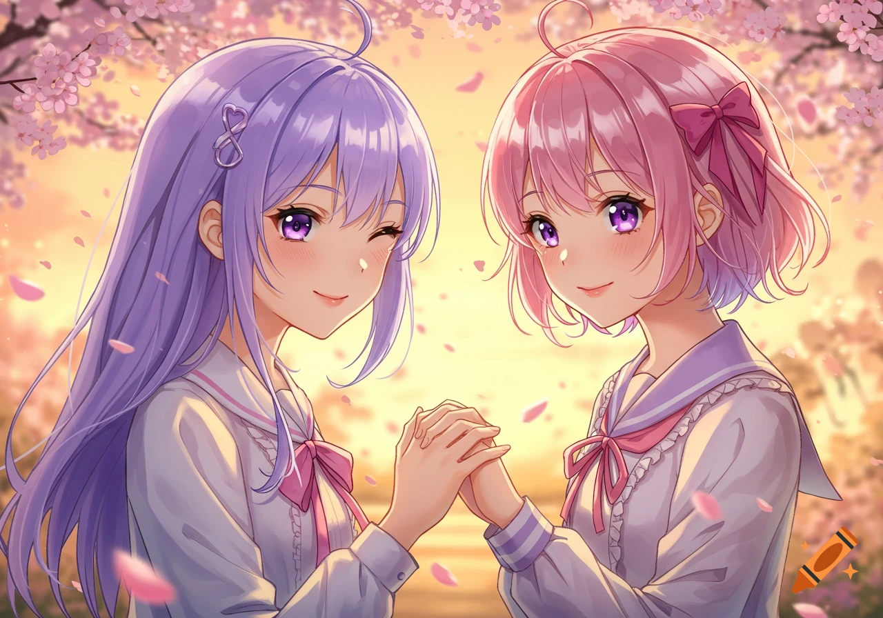 Two anime girls with purple and pink hair holding hands amidst cherry blossoms.