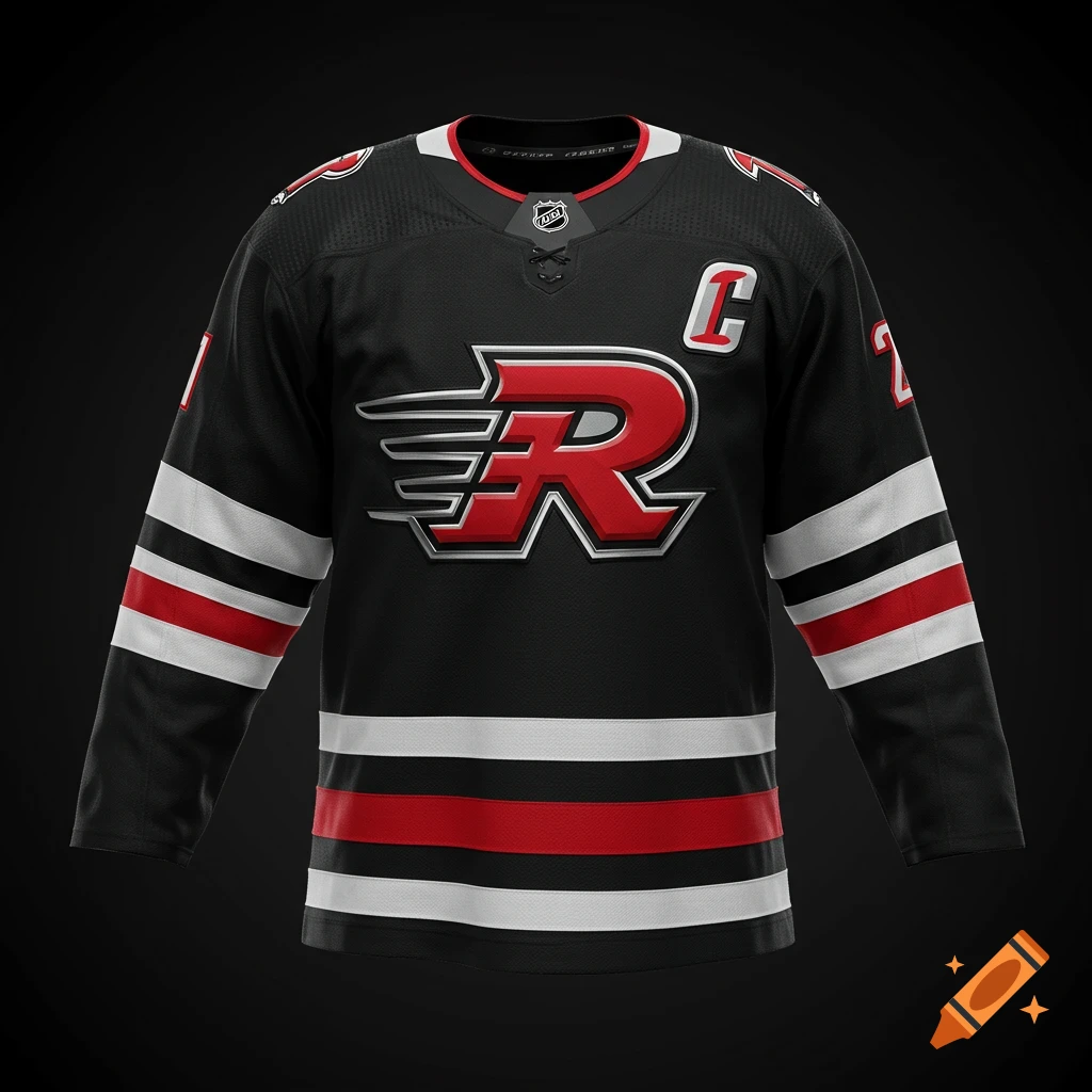A photorealistic black hockey jersey with red, white, and chrome accents. It features a stylized red 'R' logo on the chest, a captain's 'C' patch, and sleeve numbers.