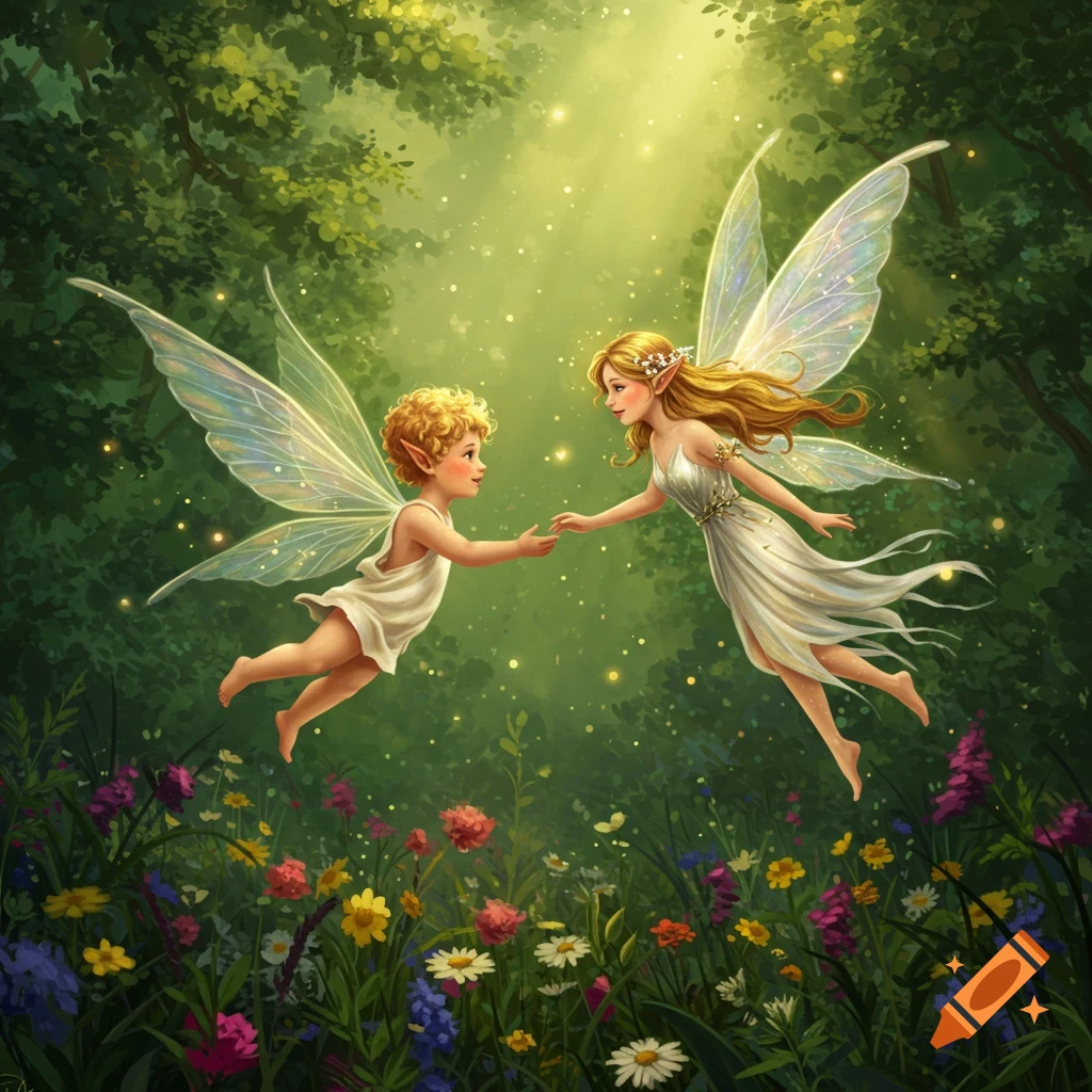 A child-like male fairy and a female fairy fly above wildflowers, reaching for each other in a sunlit, mystical forest.