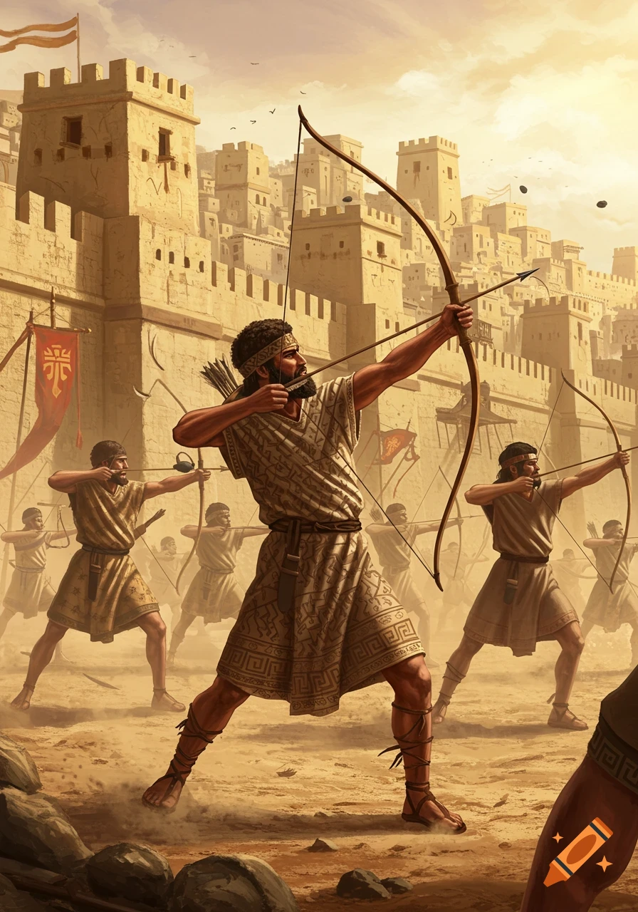 Illustration of Bronze Age warriors with bows and arrows defending a walled city under a golden sky.