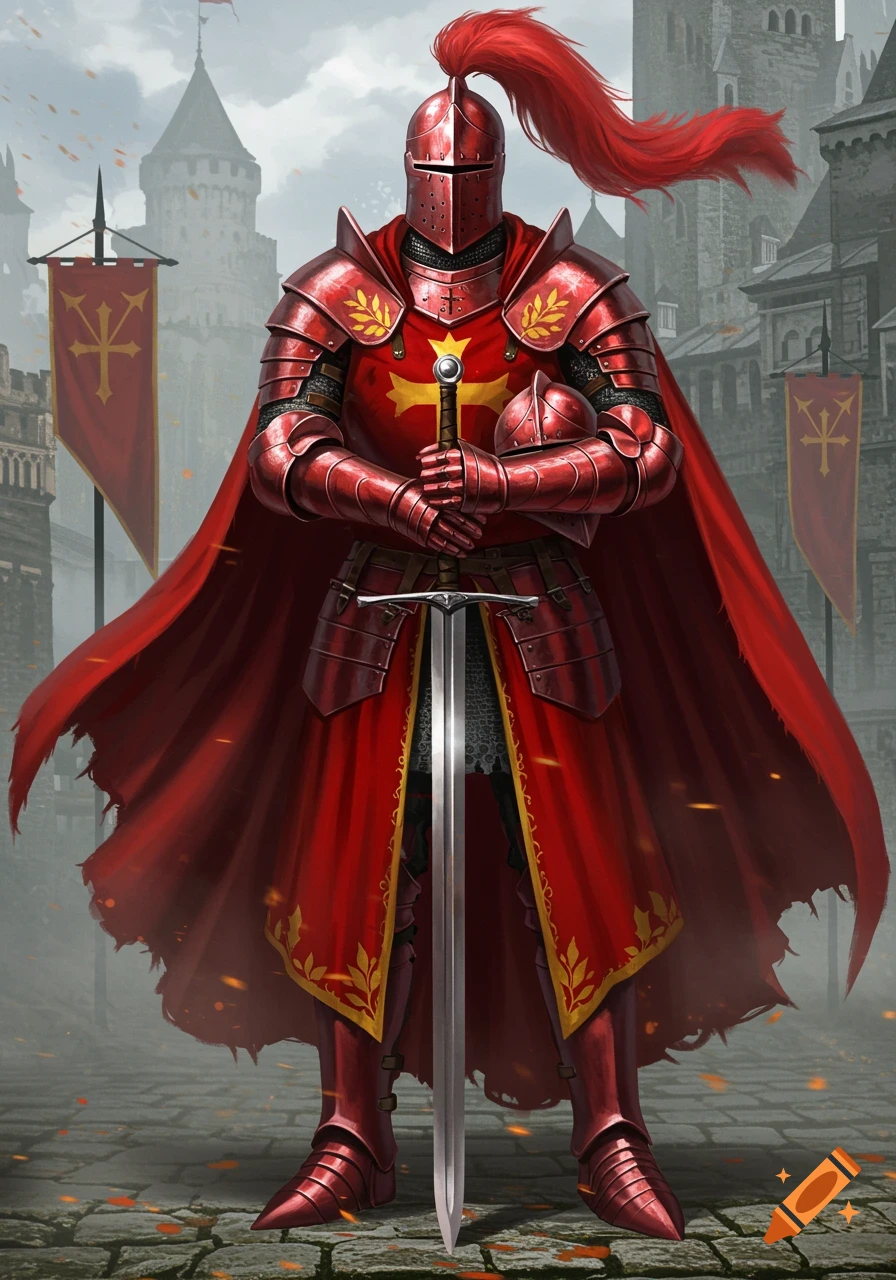 A medieval knight in full red plate armor, holding a sword and helmet, standing before a stone castle.