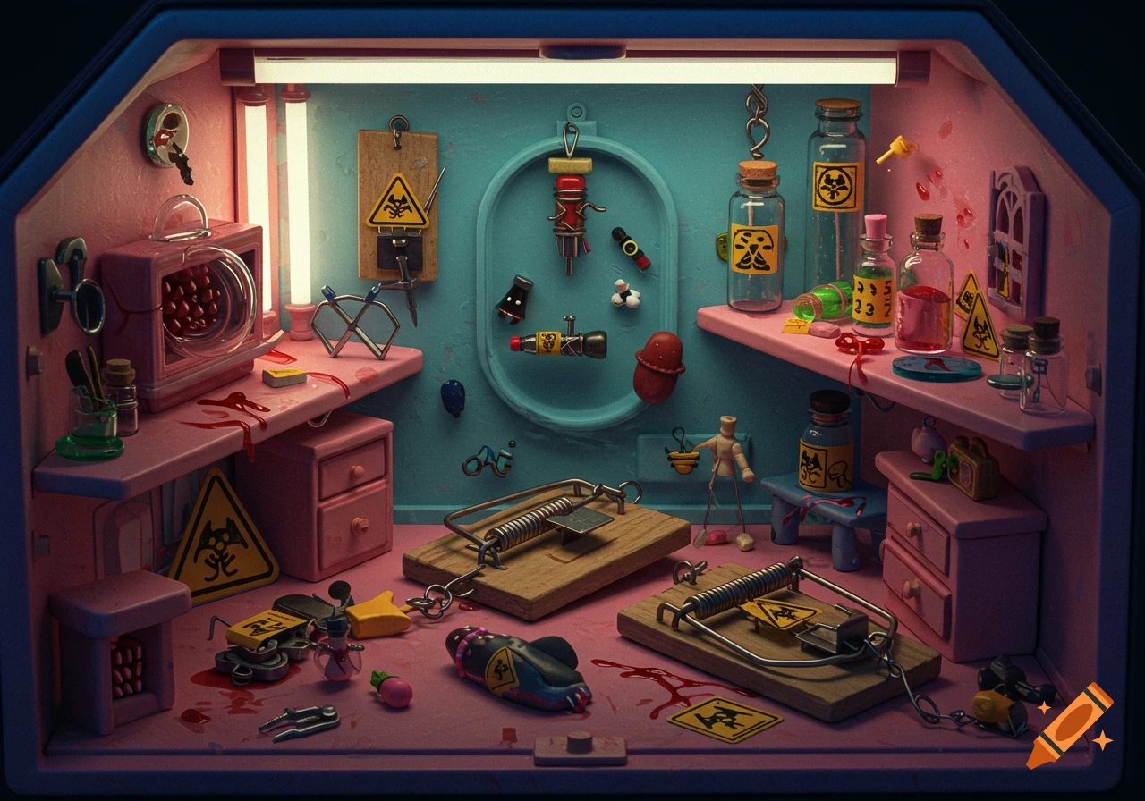 A stylized dollhouse scene with pink walls and blue accents, filled with miniature rat traps, bottles with biohazard symbols, and red splatters resembling blood or poison.