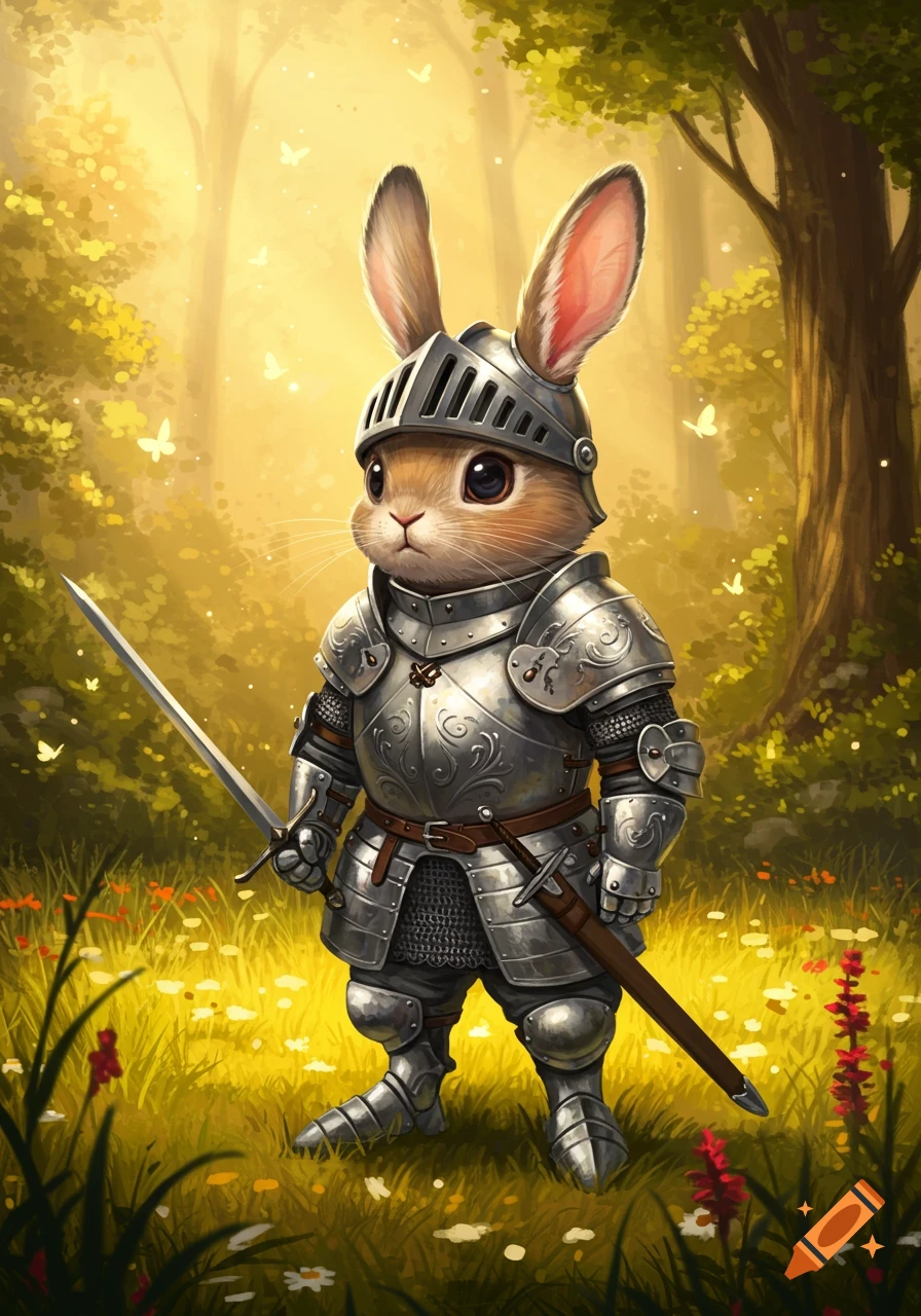 A cute bunny knight in full armor stands in a sunlit forest, holding a sword.