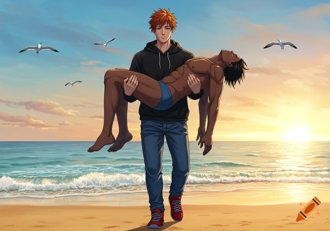 Anime man in a hoodie carrying another man in briefs on a beach at sunset with seagulls.