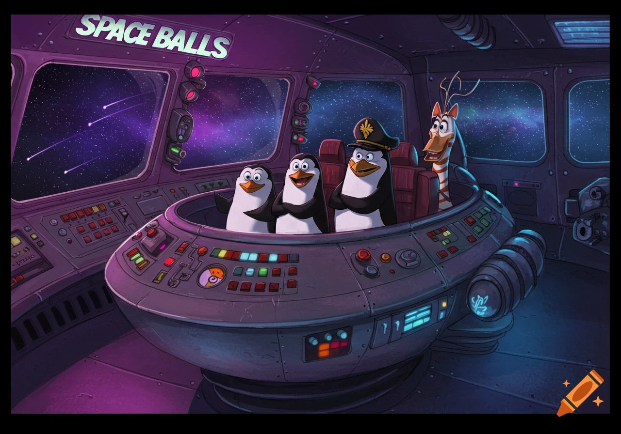 Cartoon penguins and a giraffe-like creature in a detailed spaceship cockpit with 'SPACE BALLS' above, viewing a purple starfield.