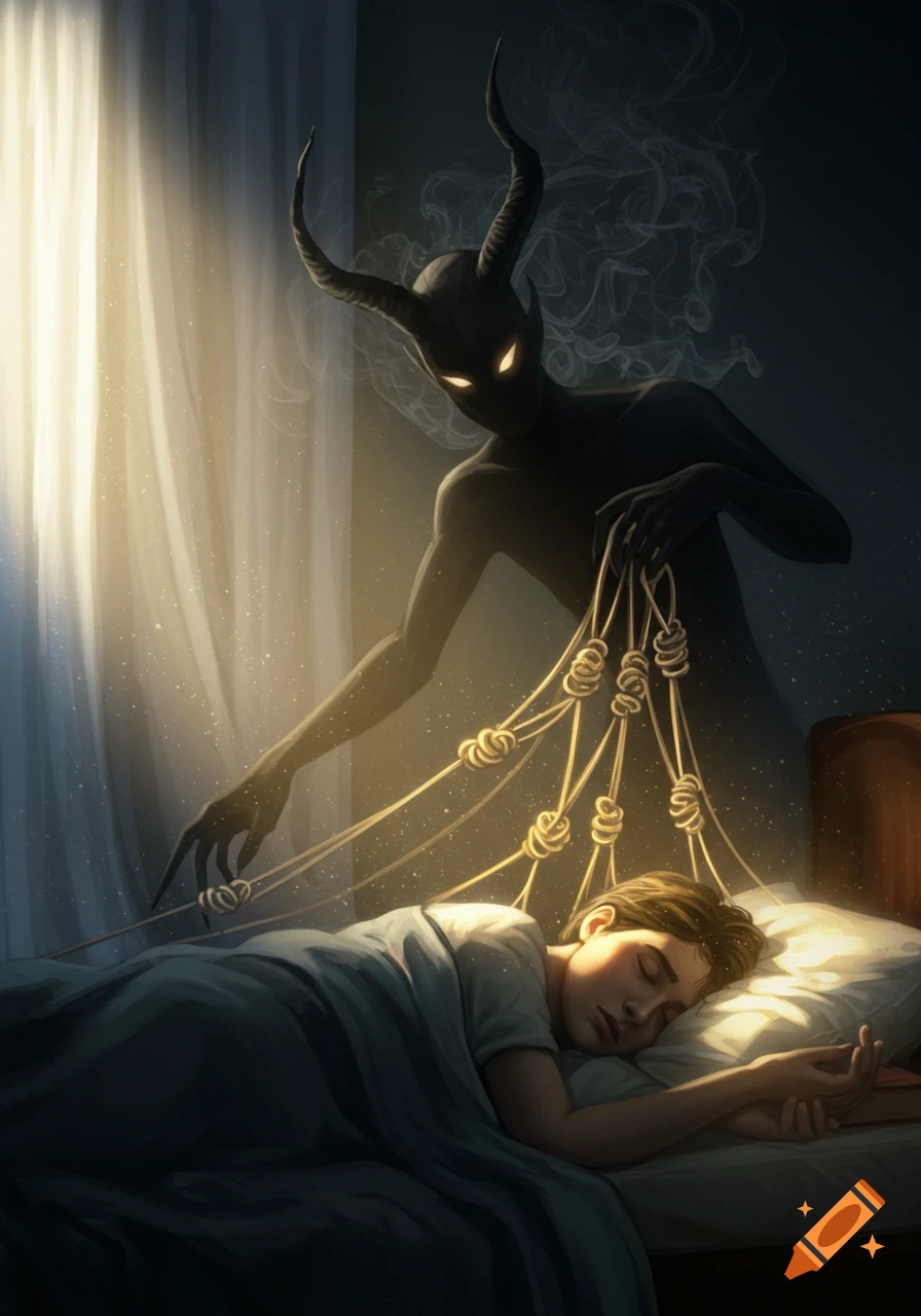 A shadowy, horned demon with glowing eyes manipulates glowing knotted strings over a sleeping child in a dimly lit room, illuminated by window light.