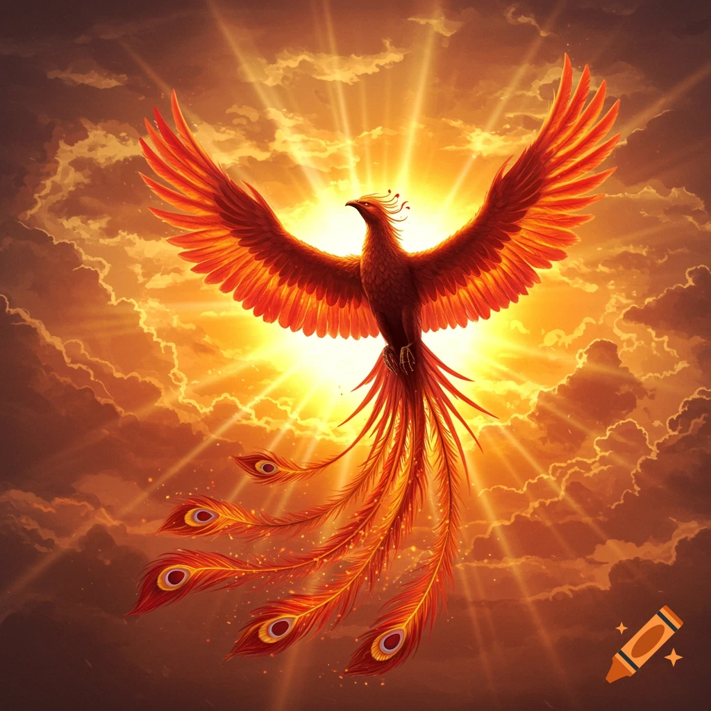 A vibrant red and orange phoenix with spread wings soars through a brilliant golden, cloudy sky with radiating light rays.