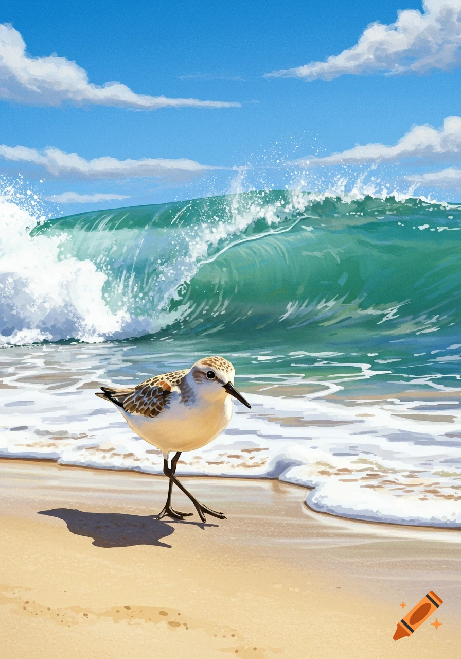 An illustration of a small shorebird standing on a sandy beach as a large teal wave breaks behind it under a blue sky.