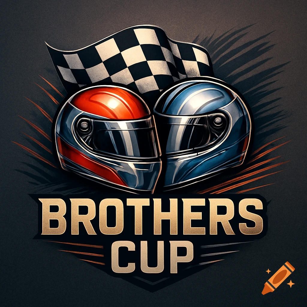 A stylized logo featuring two racing helmets (red and blue) beneath a checkered flag, with the text 'BROTHERS CUP' below.