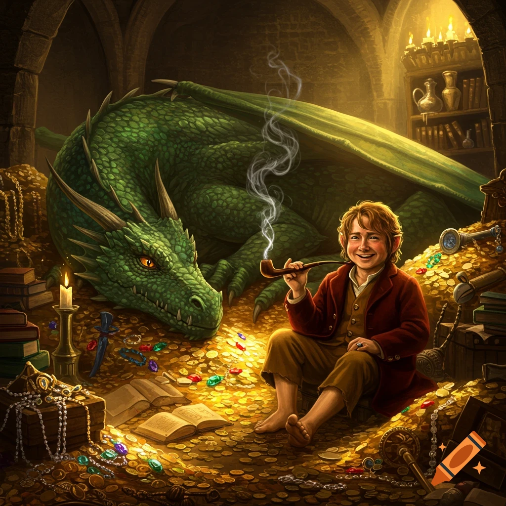 Bilbo Baggins sits smiling and smoking a pipe amidst a pile of gold and jewels, next to a large green dragon resting in a treasure cave.