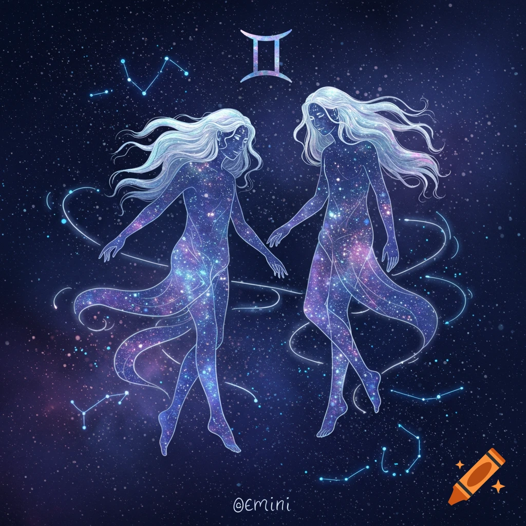 Two ethereal, galaxy-filled figures, representing Gemini, float in a starry night sky with constellations and the Gemini zodiac symbol in a mystical illustration.