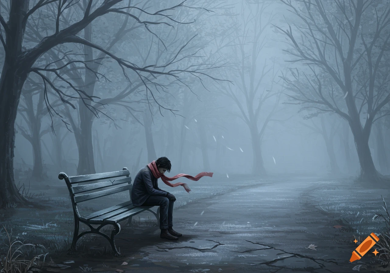 A lone figure sits hunched on a bench in a desolate, foggy park, evoking a sense of sadness.