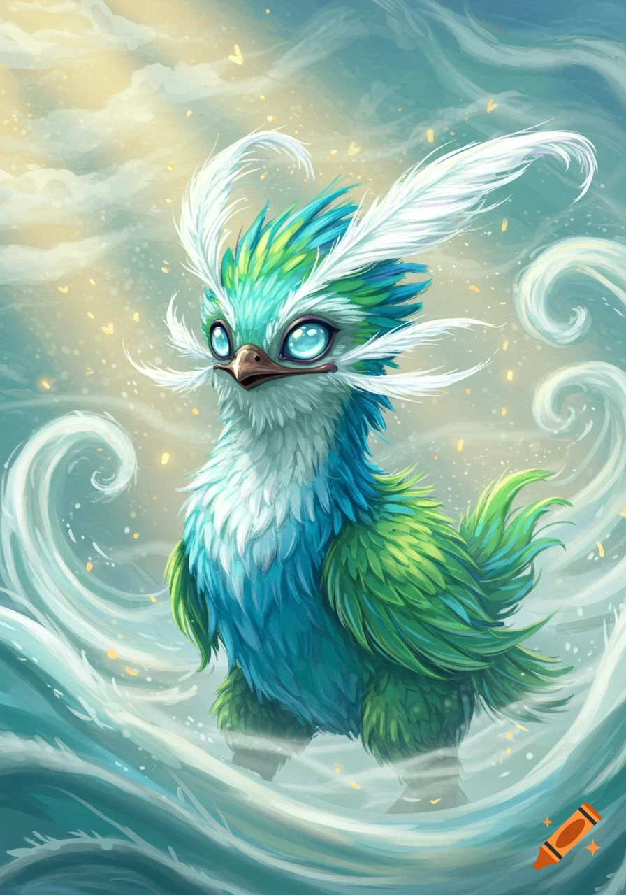 A cute blue and green bird-like fantasy creature with large blue eyes and white feathers, surrounded by swirling air.