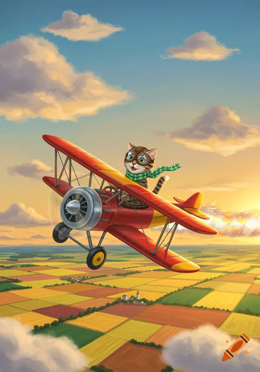 A happy cartoon cat wearing goggles and a scarf flies a red biplane over colorful patchwork fields at sunset.