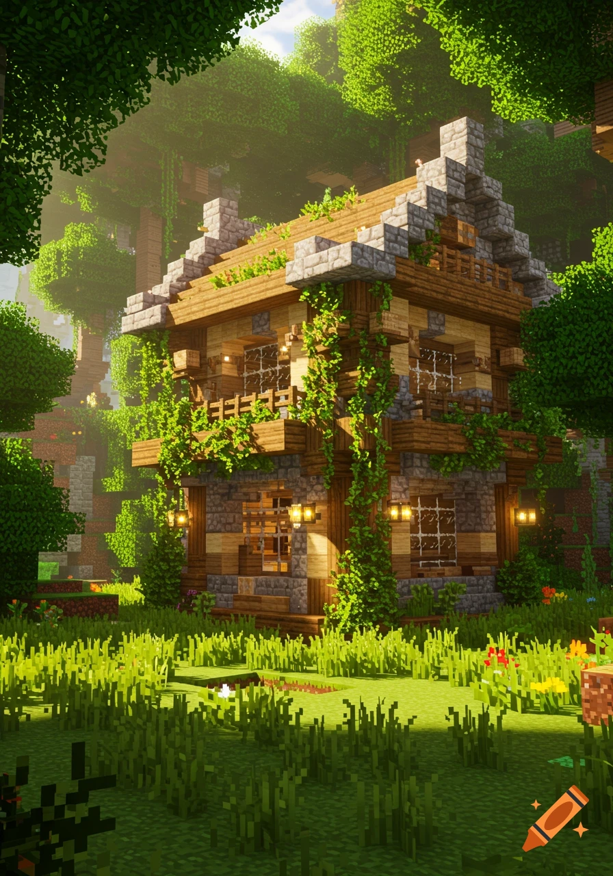 A detailed, pixelated Minecraft house covered in vines and foliage, nestled in a vibrant jungle environment.