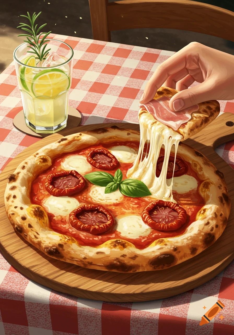 A hand pulls a slice of artisan pizza with melting cheese, next to a lemon-lime drink on a red checkered tablecloth. Illustrated style.