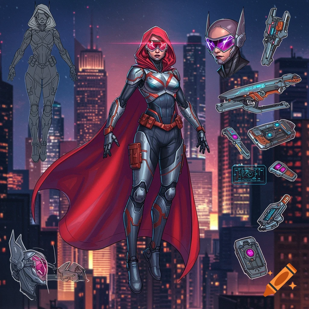 A female superhero in a red cloak and armored suit, with futuristic gadgets and a character sketch, against a city backdrop.