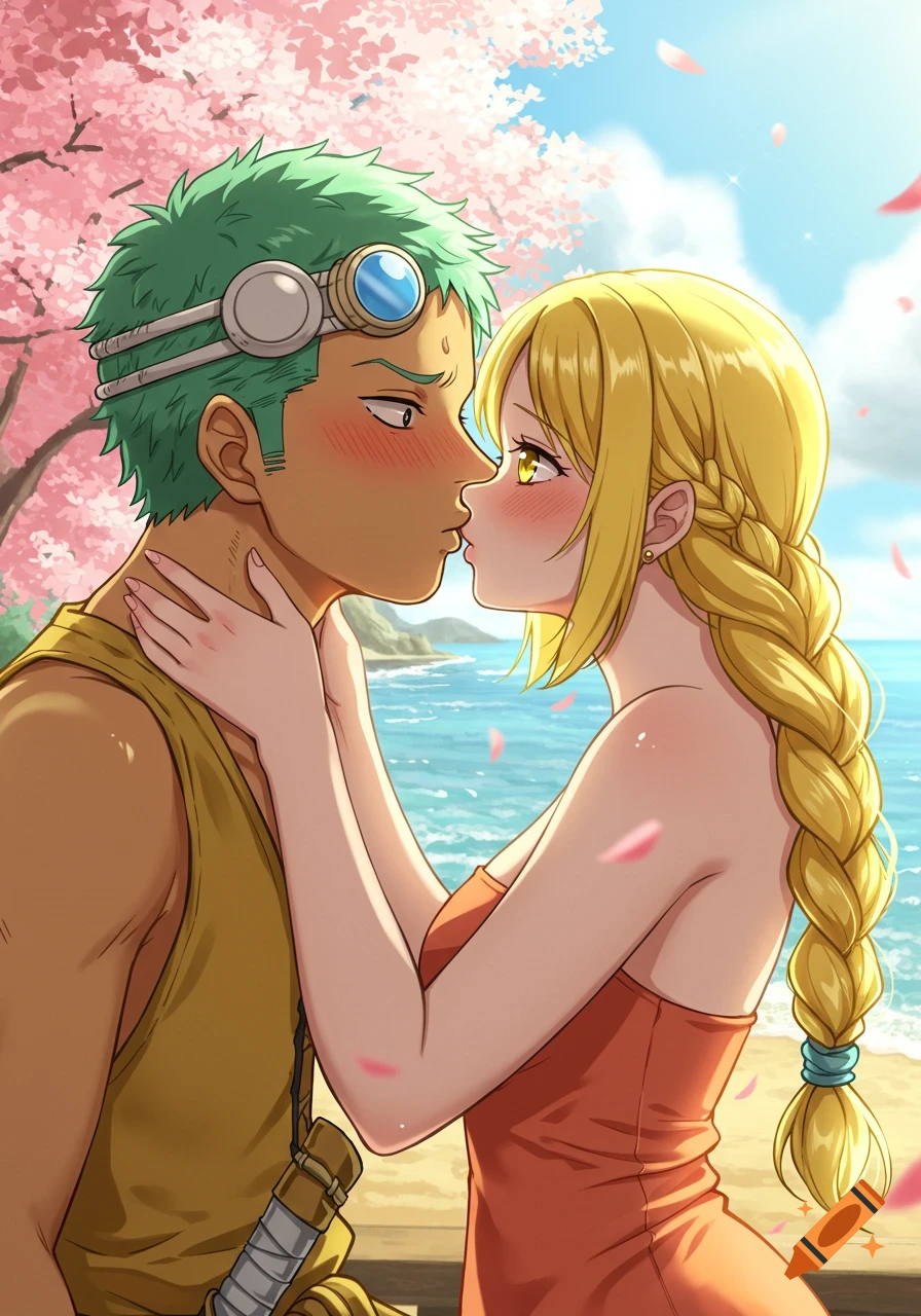 Anime couple kissing under cherry blossoms by the ocean, man with green hair and woman with long blonde braid.