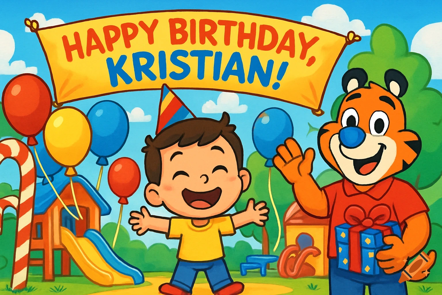 A cartoon boy with a party hat and a tiger mascot holding a gift stand near balloons and a playhouse. A banner reads "Happy Birthday, Kristian!".