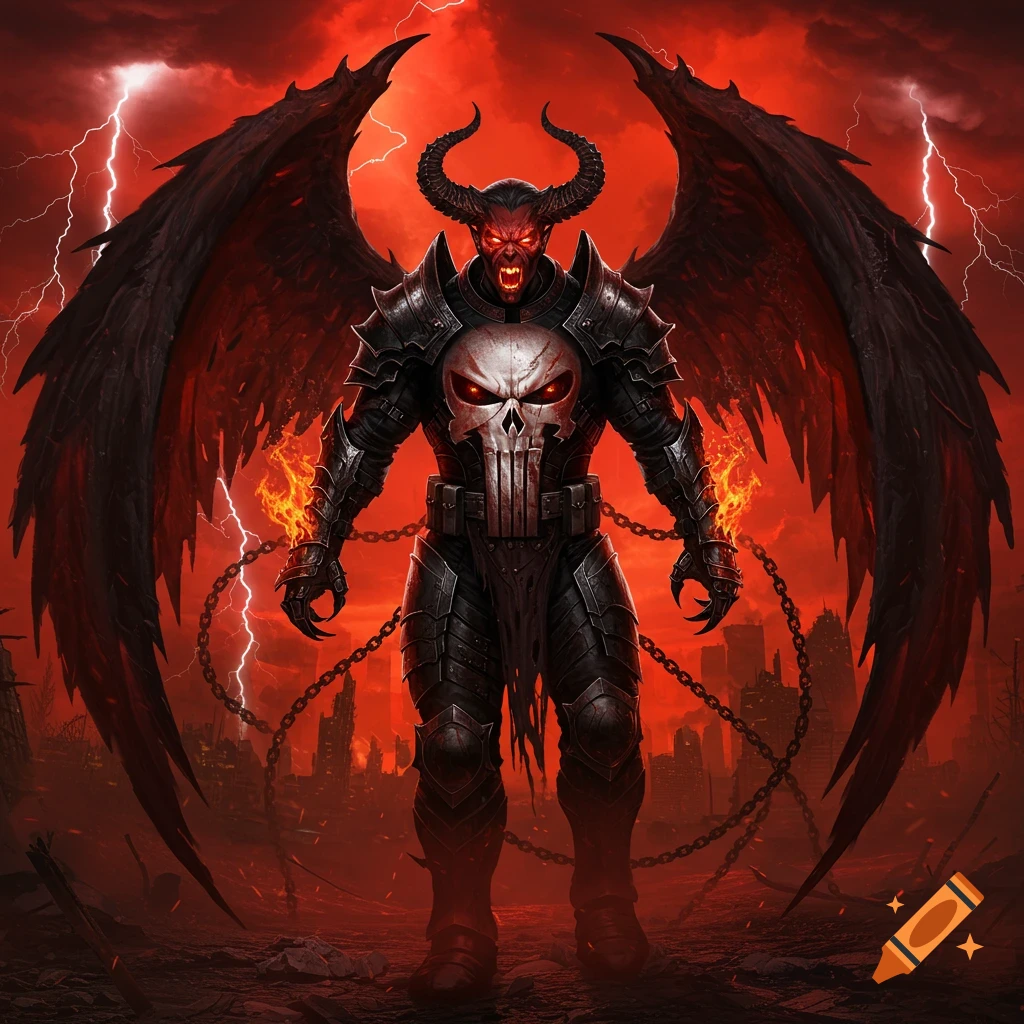 An imposing dark fantasy demon in black armor with large wings, horns, glowing red eyes, and a skull symbol on its chest, stands in a ruined city under a red sky with lightning.