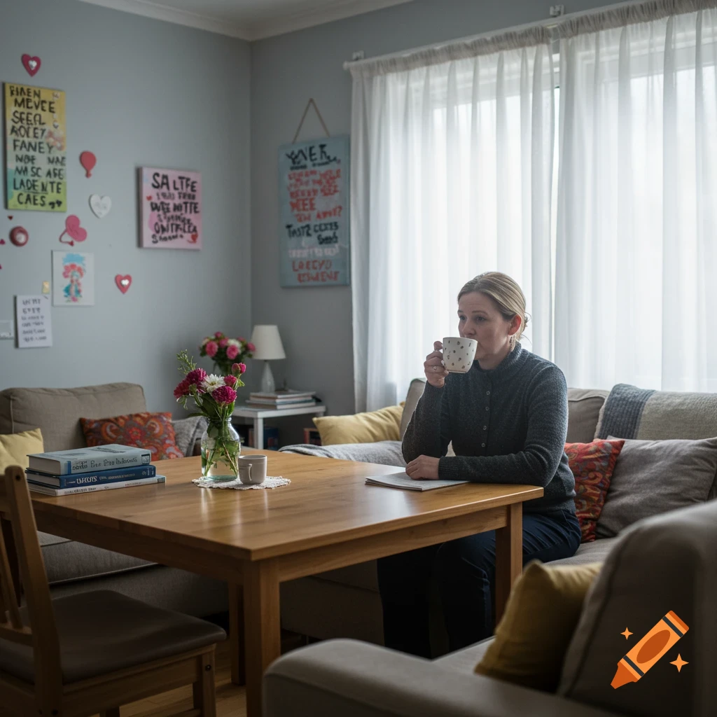 A woman in a gray sweater sits at a wooden table in a well-lit living room, holding a mug and looking out of frame, with flowers and books on the table.