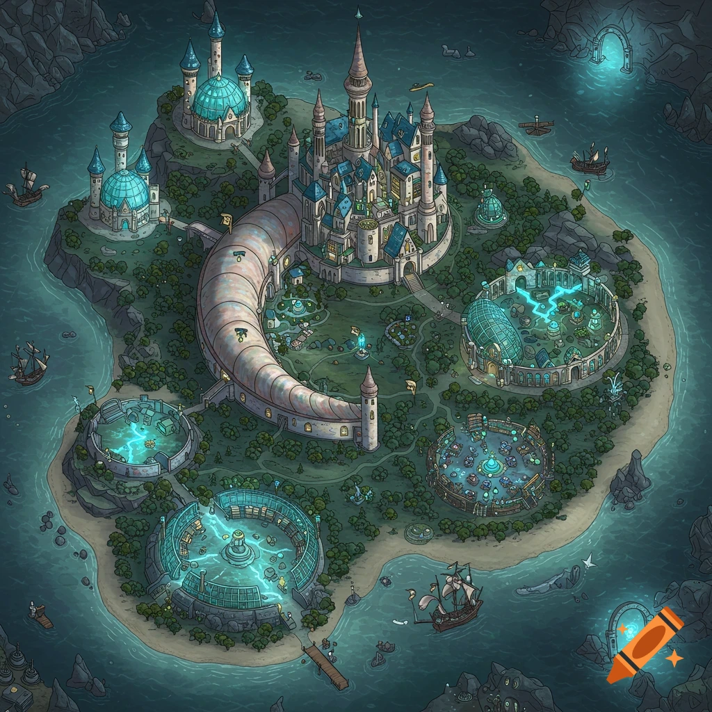 Overhead fantasy map of a mystical island with a crescent-shaped castle, glowing structures, and boats in the surrounding sea.