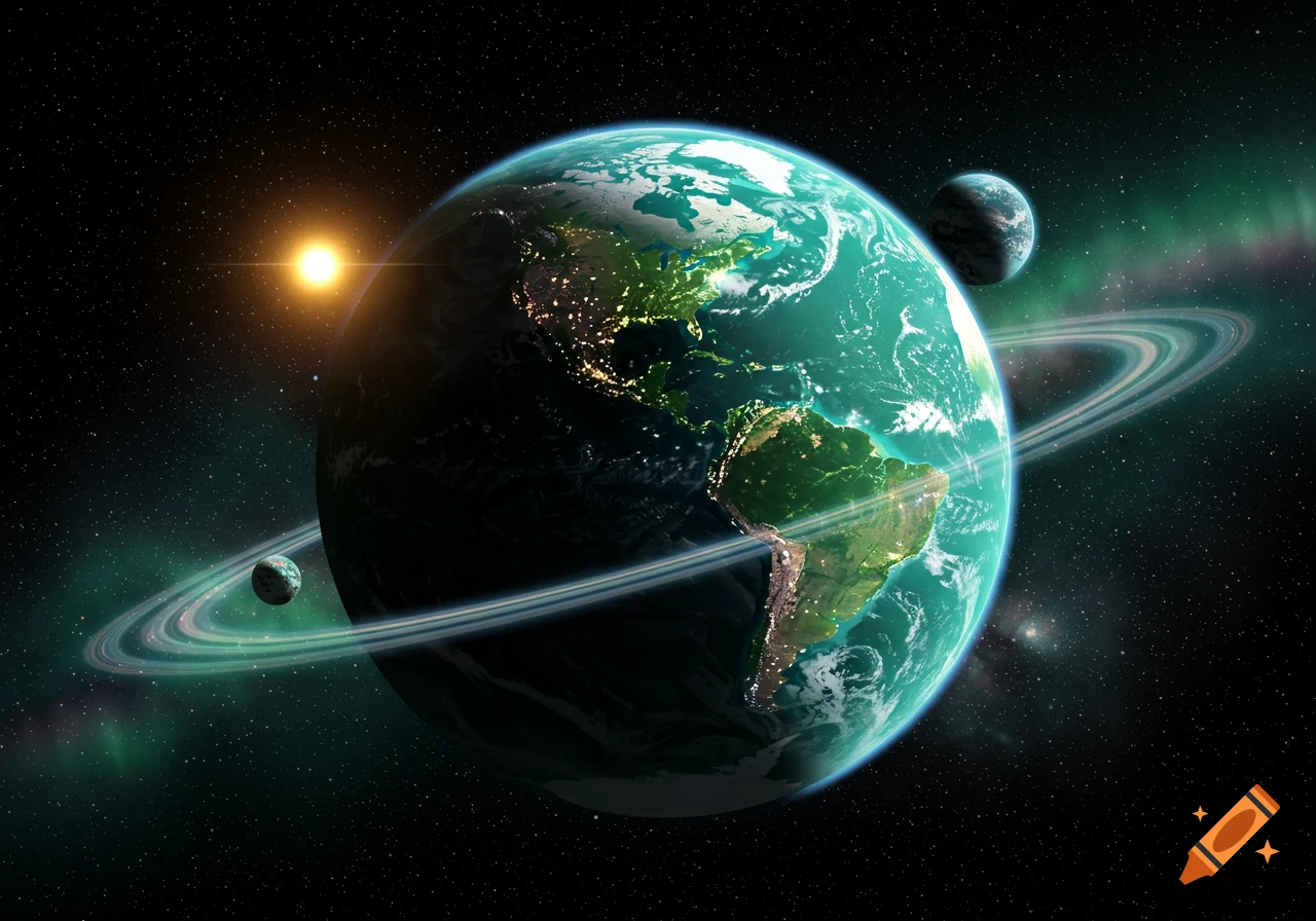 A detailed view of an Earth-like planet with rings and two moons, illuminated by a nearby star in dark space.