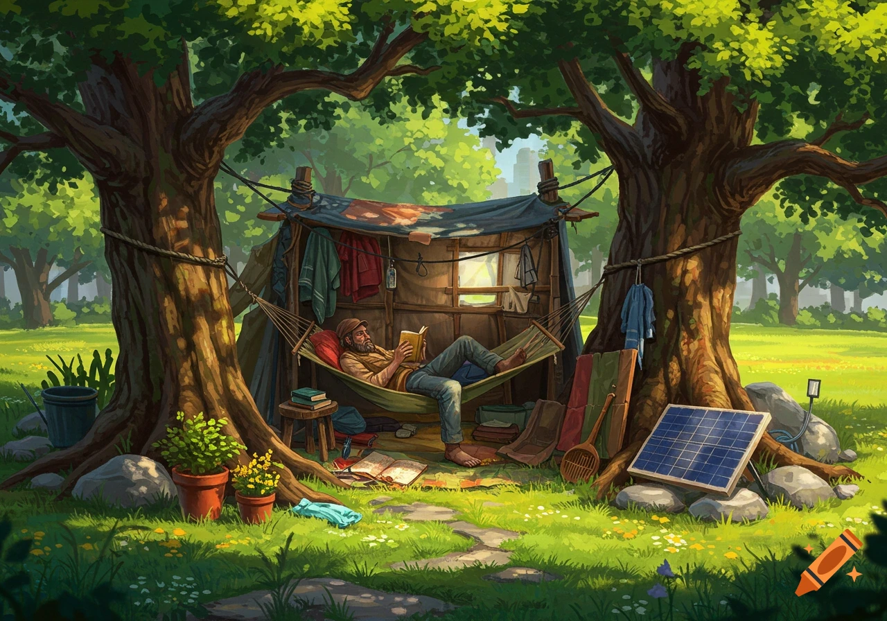 Illustrated man reading in a hammock inside a makeshift shelter between two large trees in a sunny park with a solar panel.