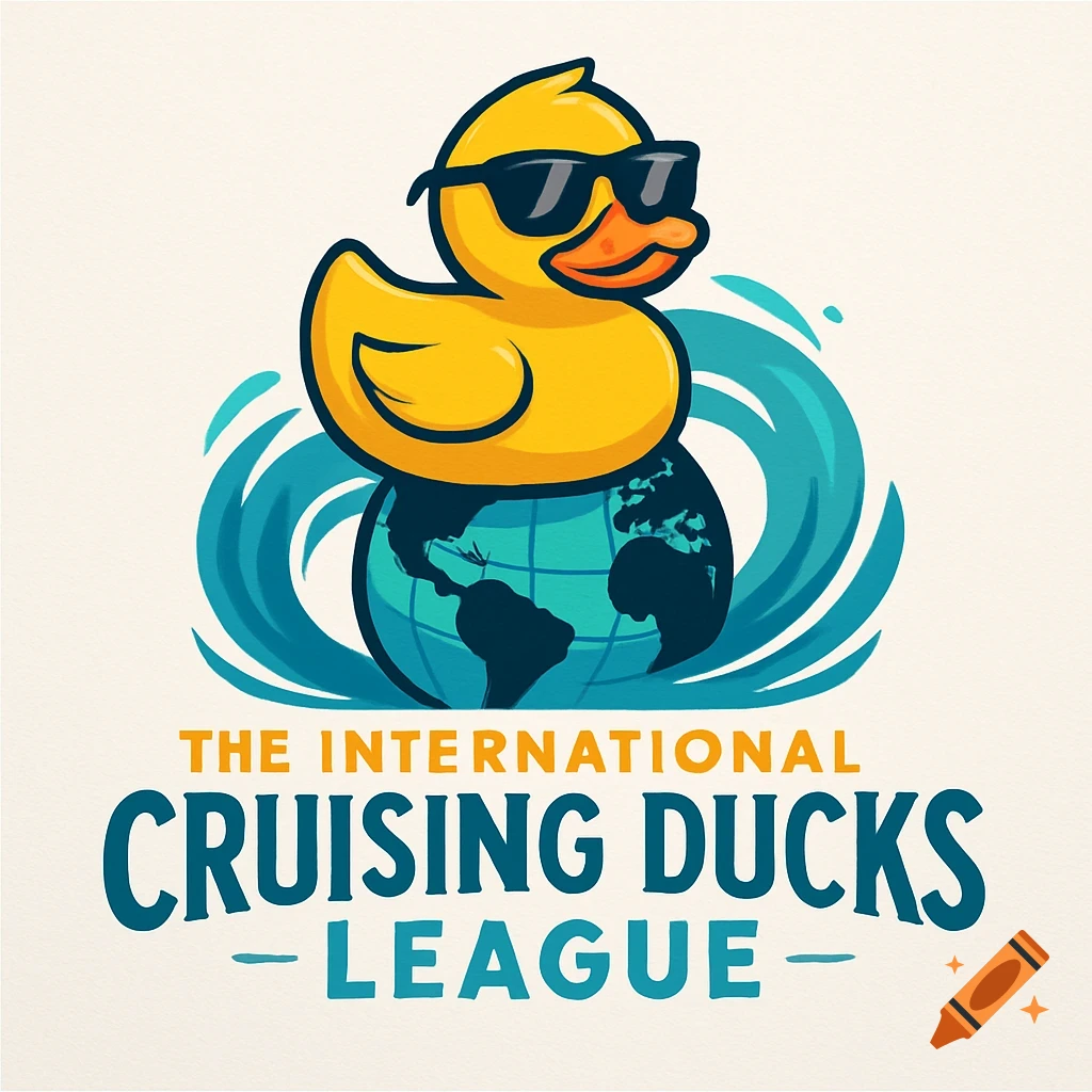 A colorful logo featuring a yellow rubber duck wearing sunglasses on a blue globe with waves and the text "The International Cruising Ducks League."