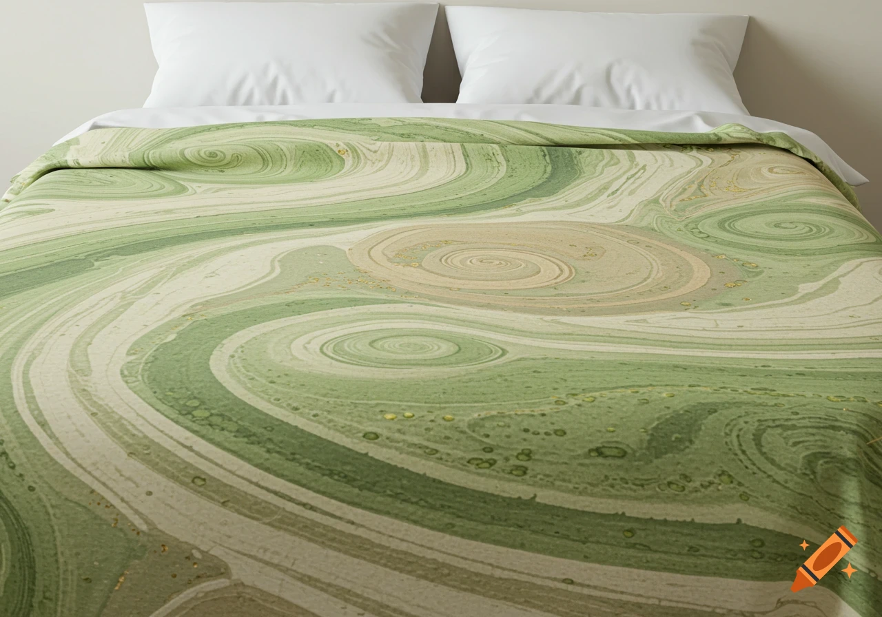 A bed with a green, white, and beige marbled pattern duvet cover and two white pillows.
