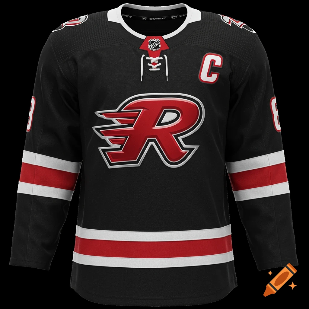 A photorealistic black hockey jersey with a red, white, and chrome stylized 'R' logo on the chest, a 'C' on the upper right chest, and white '8's with red accents on the sleeves.
