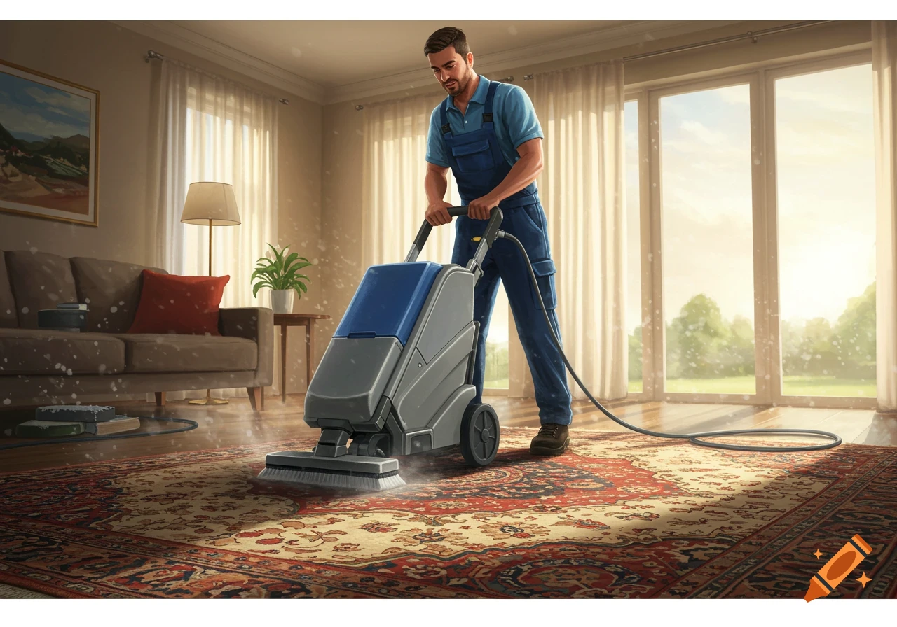 A man in blue overalls uses a large carpet cleaner on an ornate red and cream rug in a bright living room.