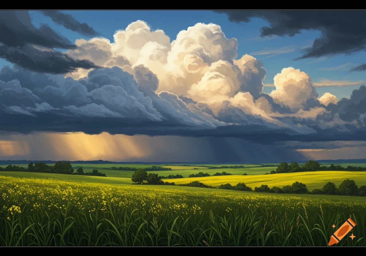 A landscape with yellow and green fields under a dramatic sky with white and dark storm clouds and sun rays.