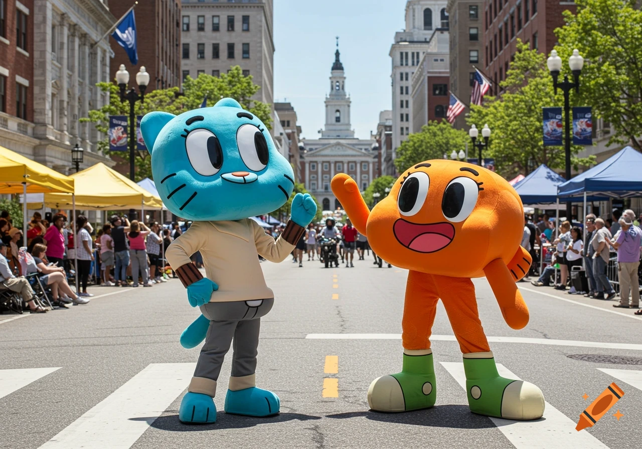 Gumball and Darwin Watterson mascot characters stand in a sunny city street during an outdoor festival with buildings and people in the background.