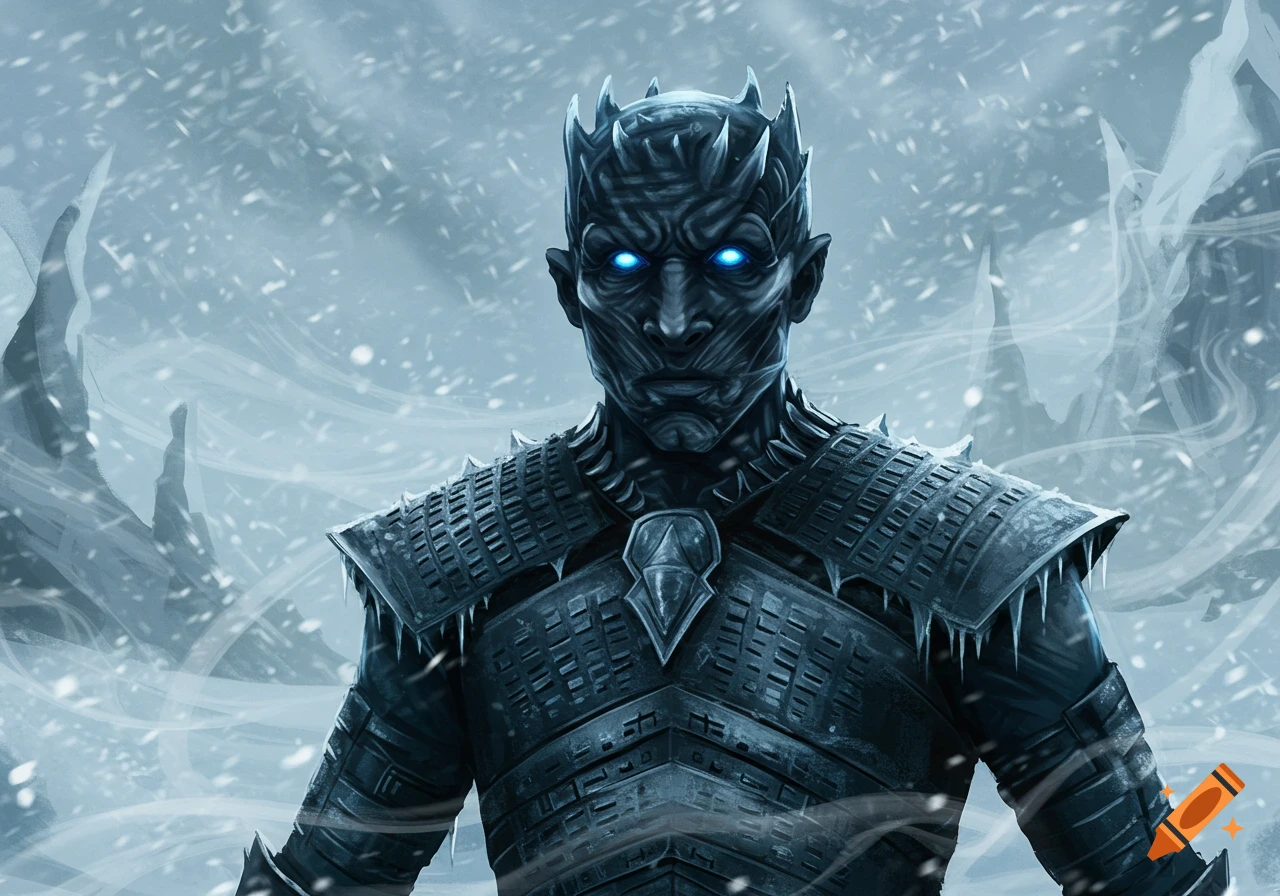A menacing dark-skinned White Walker with glowing blue eyes and icy armor stands in a snowy blizzard, digital painting.