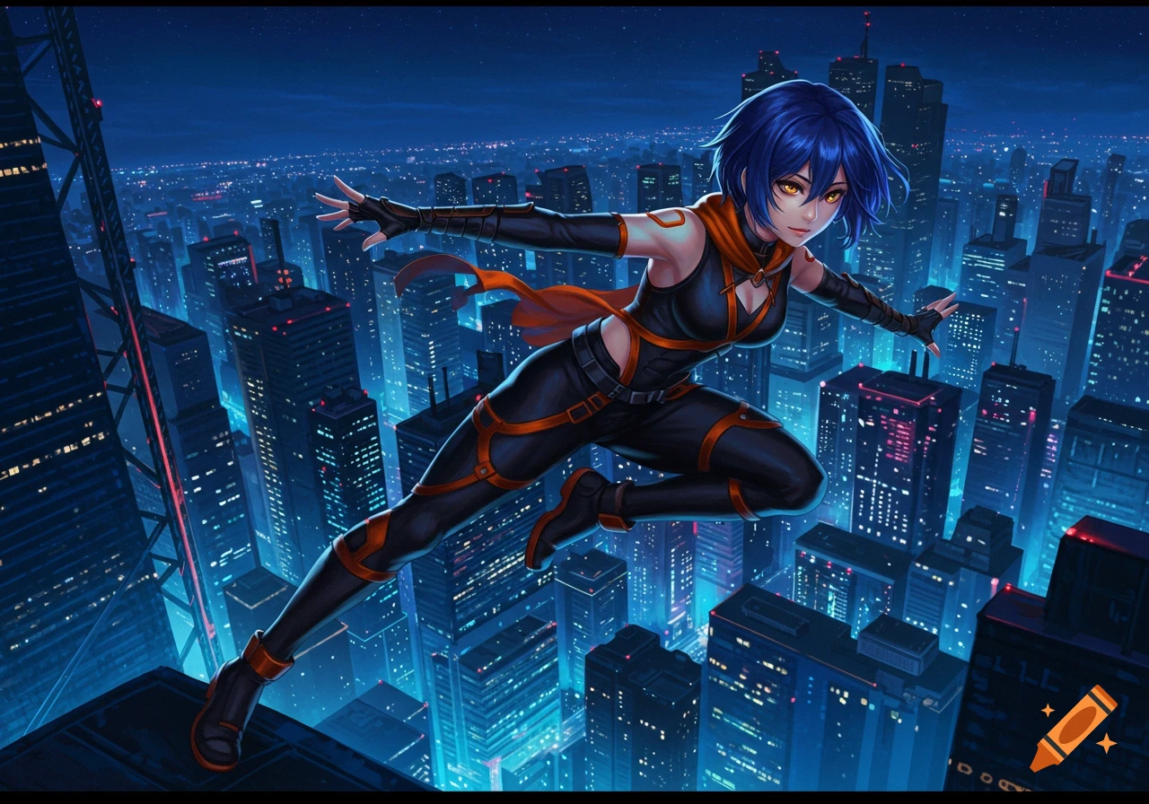 A blue-haired anime woman in a black and orange suit leaps over a vibrant cyberpunk city at night.